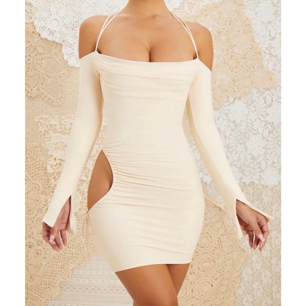 Oh Polly Liana Cutout Bodycon Mini Dress Ivory Size 8 NWT